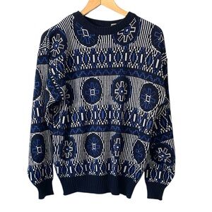 Vintage "Club International" Knit  Men's Black Blue Patterned Sweater M unisex